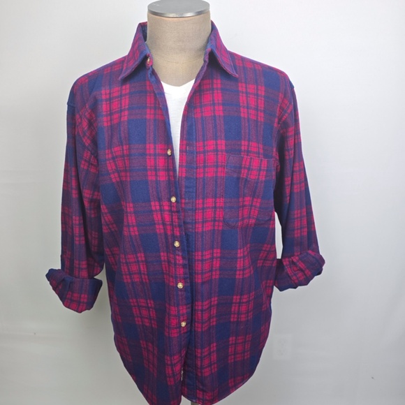 Vtg-Pendleton Flannel Shirt Mens Large Red Blue Plaid Wool Button-Up Long Sleeve - Picture 1 of 9